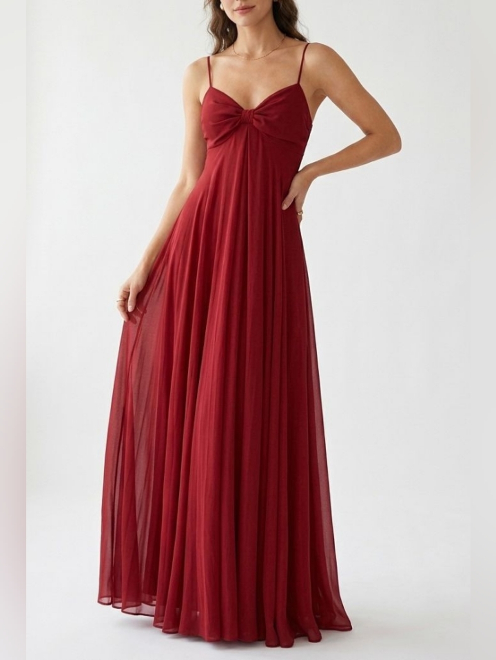 Elegant Burgundy Sheer Spaghetti-Strap Evening Prom Maxi Dress With Back Tie S